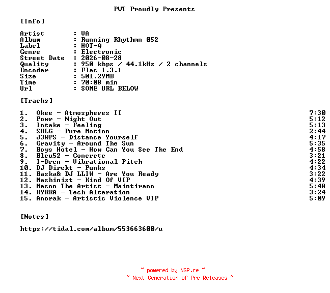 NFO for the release VA-Running_Rhythmn_052-16BIT-WEB-FLAC-2026-PWT by PWT