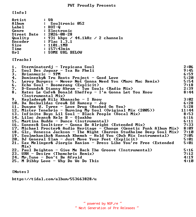 NFO for the release VA-Soultronic_052-16BIT-WEB-FLAC-2026-PWT by PWT