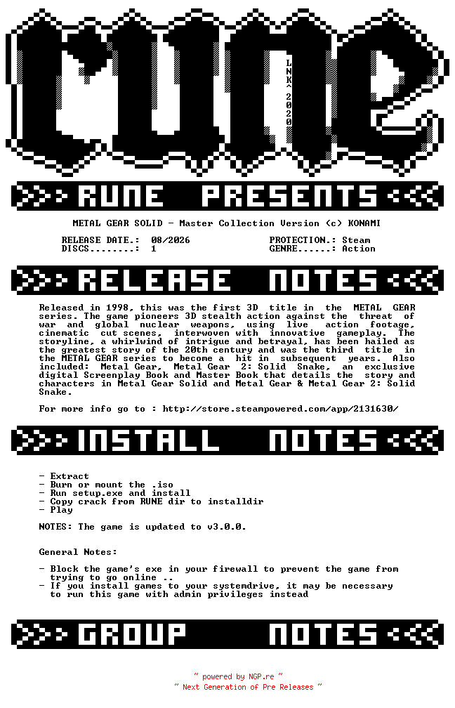 NFO for the release METAL.GEAR.SOLID.Master.Collection.Version-RUNE by RUNE
