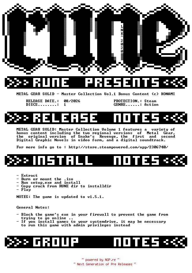 NFO for the release METAL.GEAR.SOLID.Master.Collection.Vol.1.Bonus.Content-RUNE by RUNE