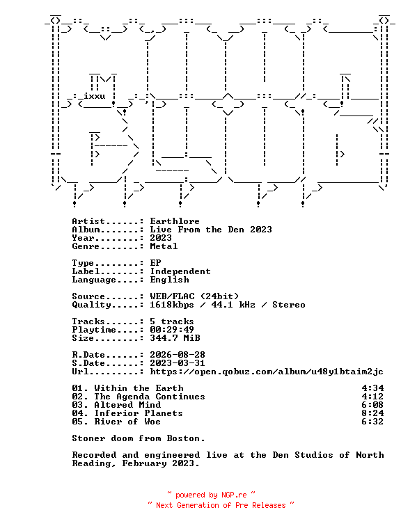 NFO for the release Earthlore-Live_From_the_Den_2023-EP-24BIT-WEB-FLAC-2023-MOONBLOOD by MOONBLOOD