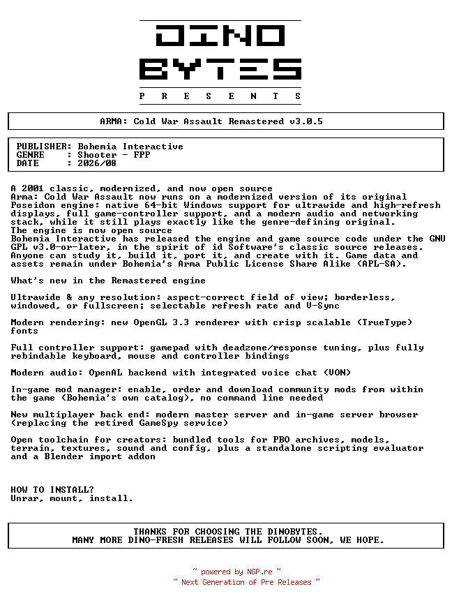 NFO for the release ARMA_Cold_War_Assault_Remastered_v3.0.5-DINOByTES by DINOByTES