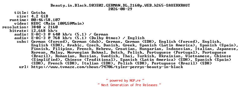 NFO for the release Beauty.in.Black.S03E02.GERMAN.DL.2160p.WEB.h265-SAUERKRAUT by SAUERKRAUT