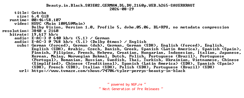 NFO for the release Beauty.in.Black.S03E02.GERMAN.DL.DV.2160p.WEB.h265-SAUERKRAUT by SAUERKRAUT