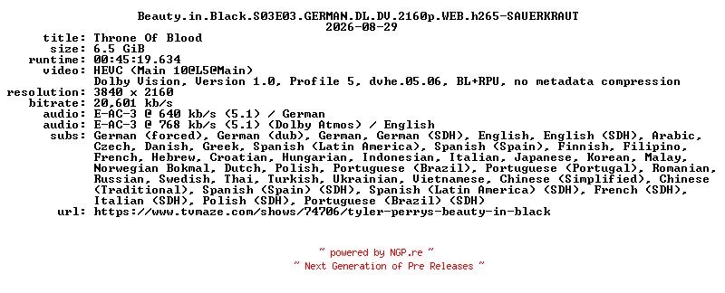 NFO for the release Beauty.in.Black.S03E03.GERMAN.DL.DV.2160p.WEB.h265-SAUERKRAUT by SAUERKRAUT