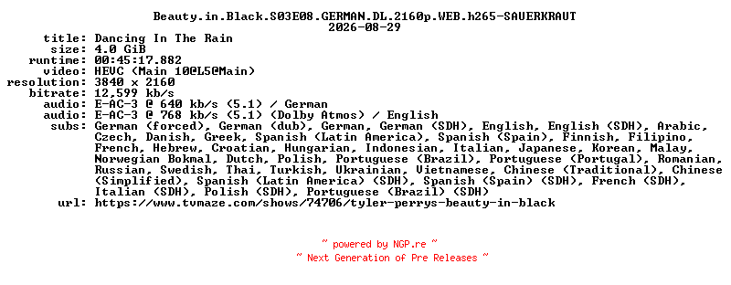 NFO for the release Beauty.in.Black.S03E08.GERMAN.DL.2160p.WEB.h265-SAUERKRAUT by SAUERKRAUT