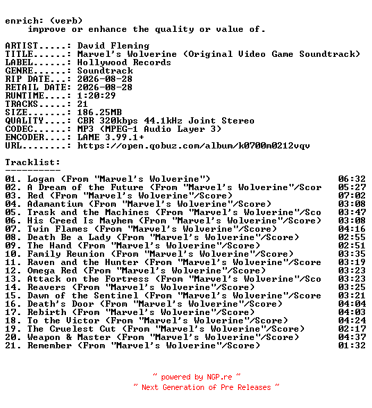 NFO for the release David_Fleming-Marvels_Wolverine_(Original_Video_Game_Soundtrack)-OST-WEB-2026-ENRiCH by ENRiCH