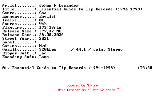 NFO for the release Johan_N_Lecander-Essential_Guide_to_TIP_Records_(1994-1998)-WEB-2021-XTC_iNT by XTC_iNT