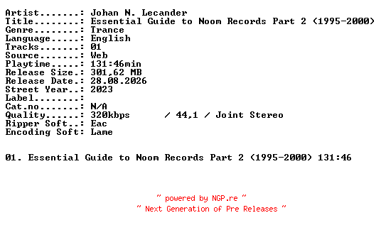 NFO for the release Johan_N_Lecander-Essential_Guide_to_Noom_Records_Part_2_(1995-2000)-WEB-2023-XTC_iNT by XTC_iNT