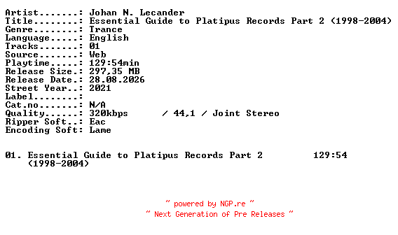 NFO for the release Johan_N_Lecander-Essential_Guide_to_Platipus_Records_Part_2_(1998-2004)-WEB-2021-XTC_iNT by XTC_iNT
