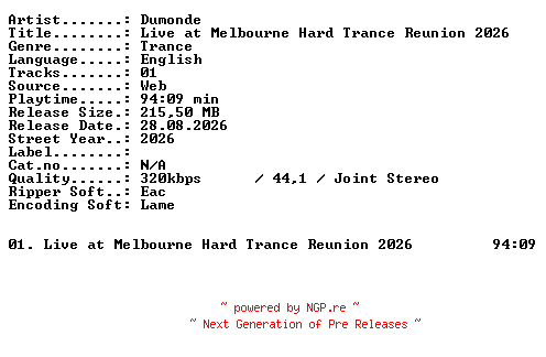 NFO for the release DUMONDE-Live_at_MELBOURNE_HARD_TRANCE_REUNION_2026-WEB-2026-XTC_iNT by XTC_iNT