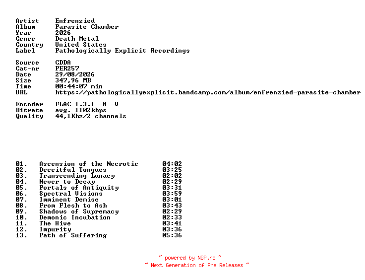 NFO for the release Enfrenzied-Parasite_Chamber-(PER257)-CD-FLAC-2026-86D by 86D