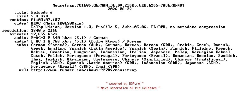 NFO for the release Mousetrap.S01E06.GERMAN.DL.DV.2160p.WEB.h265-SAUERKRAUT by SAUERKRAUT