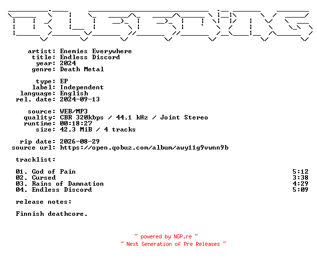 NFO for the release Enemies_Everywhere-Endless_Discord-EP-WEB-2024-BLEEDiNG by BLEEDiNG