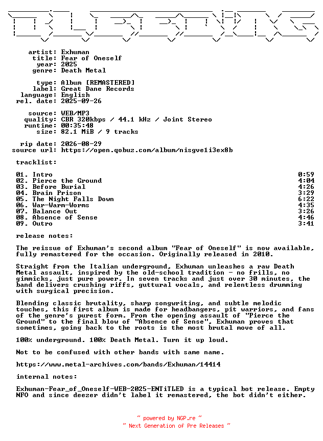 NFO for the release Exhuman-Fear_of_Oneself-Remastered-WEB-2025-BLEEDiNG_iNT by BLEEDiNG_iNT
