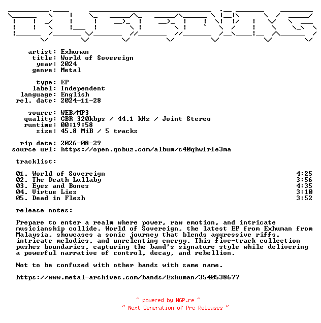 NFO for the release Exhuman-World_of_Sovereign-EP-WEB-2024-BLEEDiNG by BLEEDiNG
