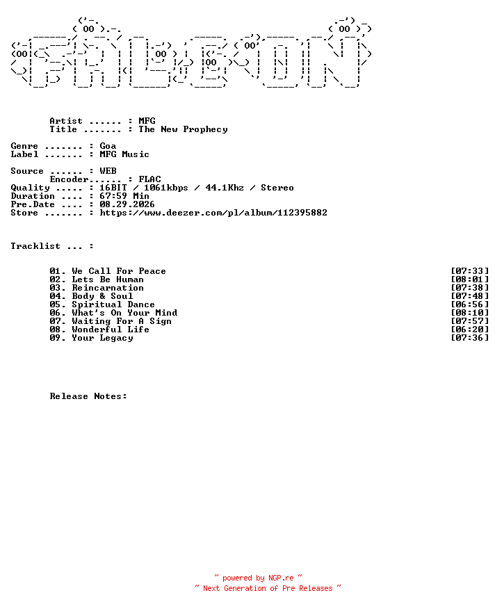 NFO for the release MFG-The_New_Prophecy-16BIT-WEB-FLAC-2026-FALCON by FALCON