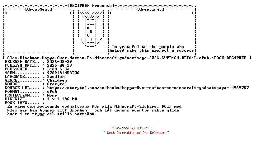 NFO for the release Alex.Blockman.Hoppa.Over.Natten.En.Minecraft.Godnattsaga.2026.SWEDiSH.RETAiL.ePub.eBOOK-DECiPHER by DECiPHER