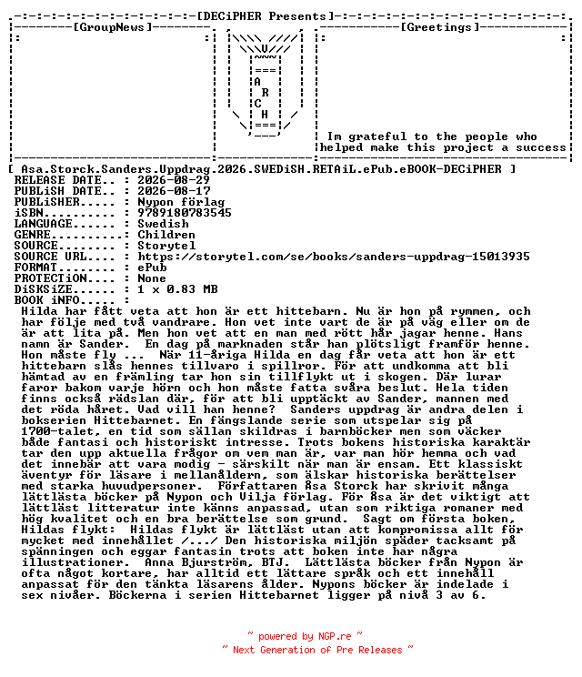 NFO for the release Asa.Storck.Sanders.Uppdrag.2026.SWEDiSH.RETAiL.ePub.eBOOK-DECiPHER by DECiPHER