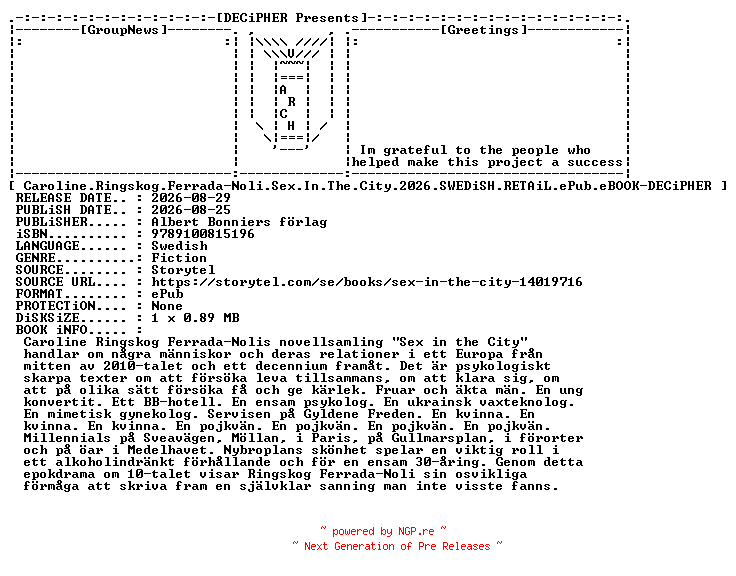 NFO for the release Caroline.Ringskog.Ferrada.Noli.Sex.In.The.City.2026.SWEDiSH.RETAiL.ePub.eBOOK-DECiPHER by DECiPHER
