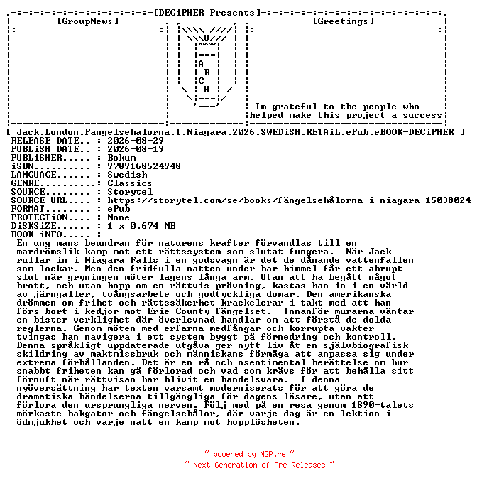 NFO for the release Jack.London.Fangelsehalorna.I.Niagara.2026.SWEDiSH.RETAiL.ePub.eBOOK-DECiPHER by DECiPHER
