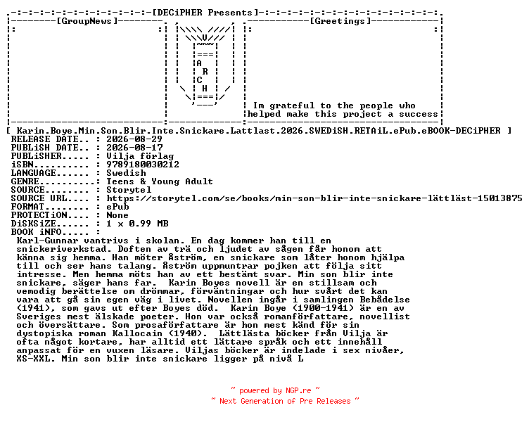 NFO for the release Karin.Boye.Min.Son.Blir.Inte.Snickare.Lattlast.2026.SWEDiSH.RETAiL.ePub.eBOOK-DECiPHER by DECiPHER