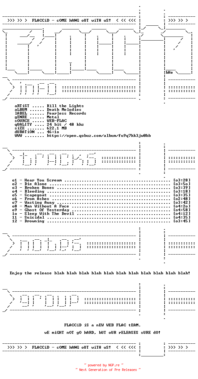 NFO for the release Kill_the_Lights-Death_Melodies-24BIT-48KHZ-WEB-FLAC-2024-FLACCiD by FLACCiD