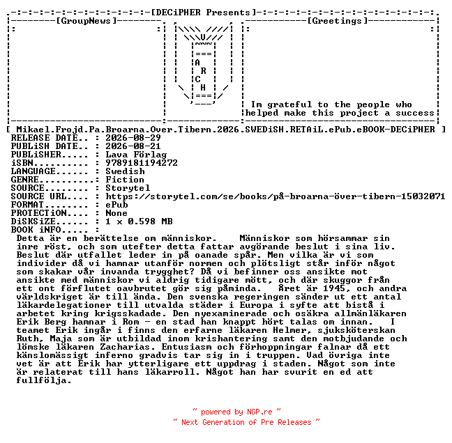 NFO for the release Mikael.Frojd.Pa.Broarna.Over.Tibern.2026.SWEDiSH.RETAiL.ePub.eBOOK-DECiPHER by DECiPHER