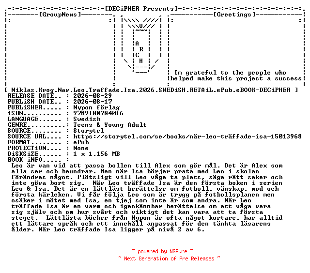 NFO for the release Niklas.Krog.Nar.Leo.Traffade.Isa.2026.SWEDiSH.RETAiL.ePub.eBOOK-DECiPHER by DECiPHER