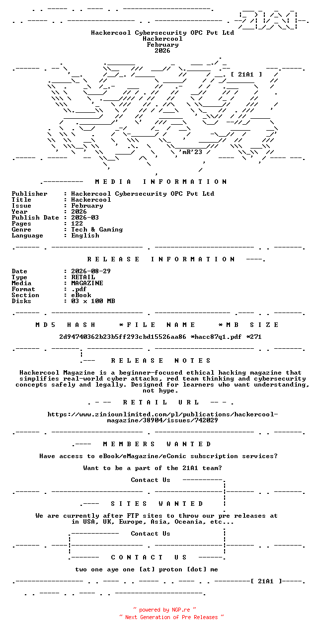 NFO for the release Hackercool.February.2026.RETAIL.MAGAZINE.eBook-21A1 by 21A1