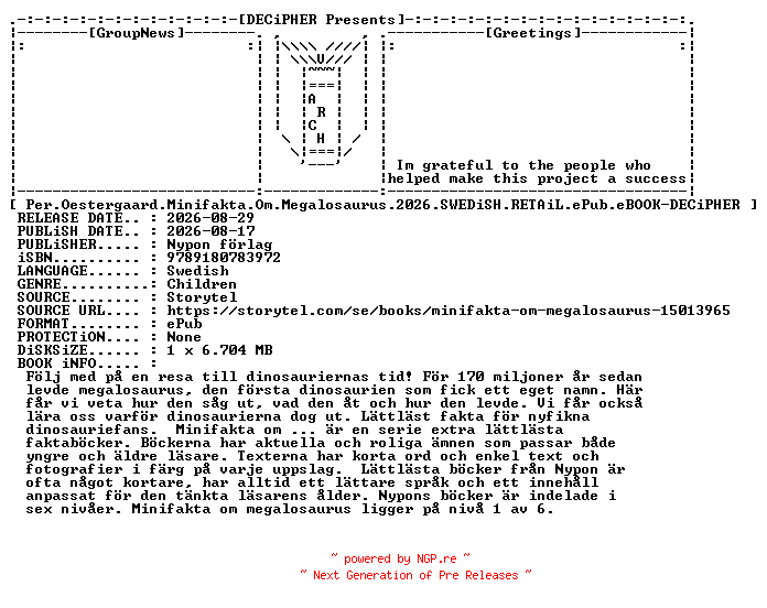 NFO for the release Per.Oestergaard.Minifakta.Om.Megalosaurus.2026.SWEDiSH.RETAiL.ePub.eBOOK-DECiPHER by DECiPHER