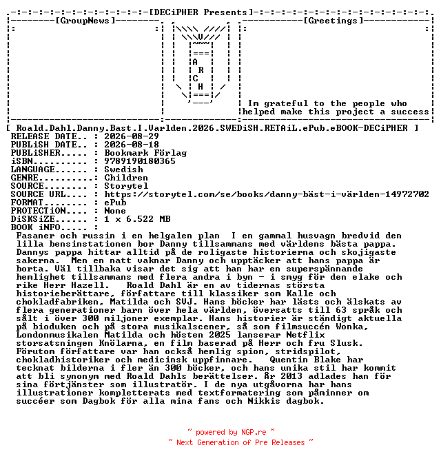 NFO for the release Roald.Dahl.Danny.Bast.I.Varlden.2026.SWEDiSH.RETAiL.ePub.eBOOK-DECiPHER by DECiPHER