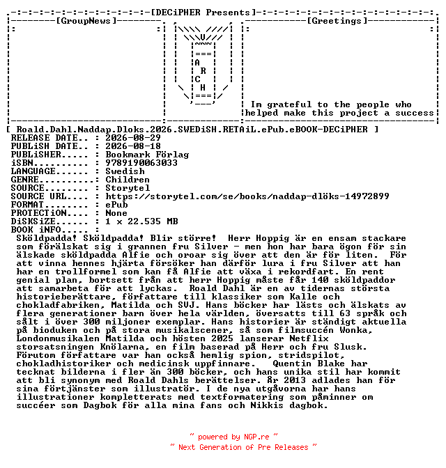 NFO for the release Roald.Dahl.Naddap.Dloks.2026.SWEDiSH.RETAiL.ePub.eBOOK-DECiPHER by DECiPHER