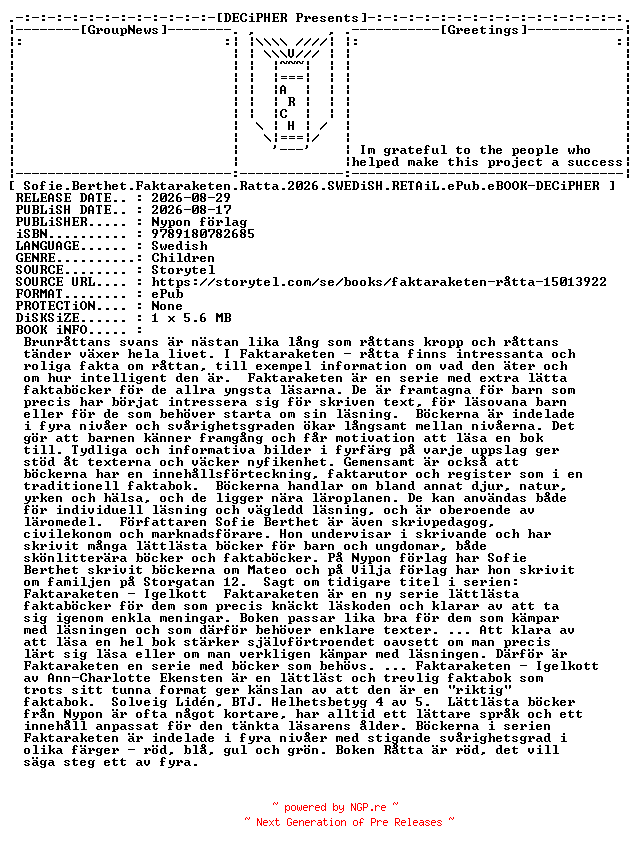 NFO for the release Sofie.Berthet.Faktaraketen.Ratta.2026.SWEDiSH.RETAiL.ePub.eBOOK-DECiPHER by DECiPHER