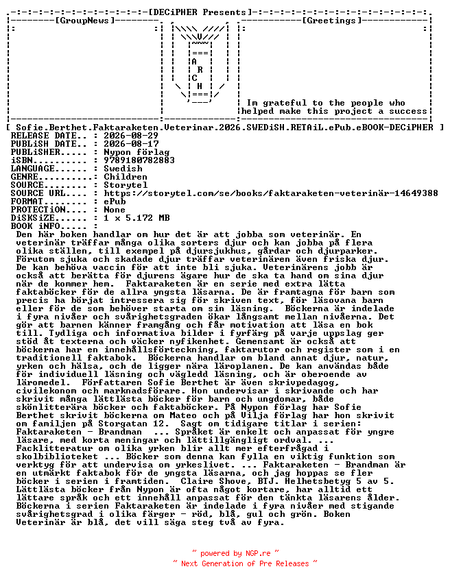 NFO for the release Sofie.Berthet.Faktaraketen.Veterinar.2026.SWEDiSH.RETAiL.ePub.eBOOK-DECiPHER by DECiPHER