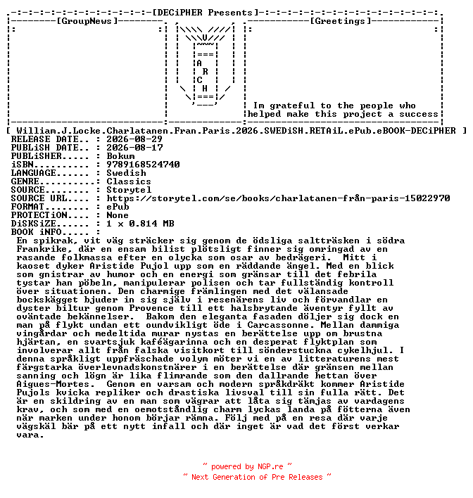 NFO for the release William.J.Locke.Charlatanen.Fran.Paris.2026.SWEDiSH.RETAiL.ePub.eBOOK-DECiPHER by DECiPHER
