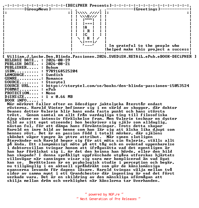 NFO for the release William.J.Locke.Den.Blinda.Passionen.2026.SWEDiSH.RETAiL.ePub.eBOOK-DECiPHER by DECiPHER