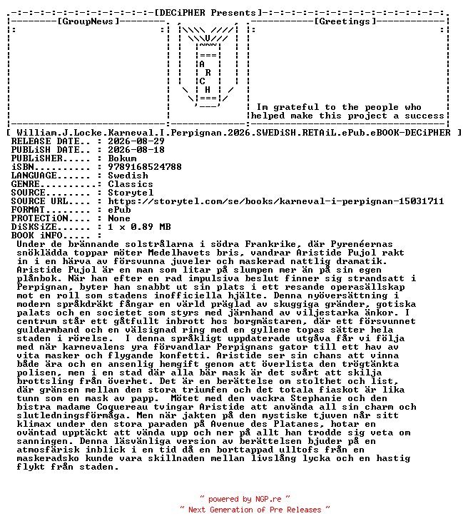 NFO for the release William.J.Locke.Karneval.I.Perpignan.2026.SWEDiSH.RETAiL.ePub.eBOOK-DECiPHER by DECiPHER
