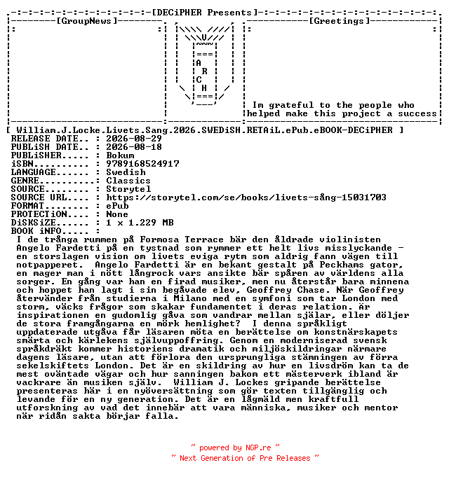 NFO for the release William.J.Locke.Livets.Sang.2026.SWEDiSH.RETAiL.ePub.eBOOK-DECiPHER by DECiPHER