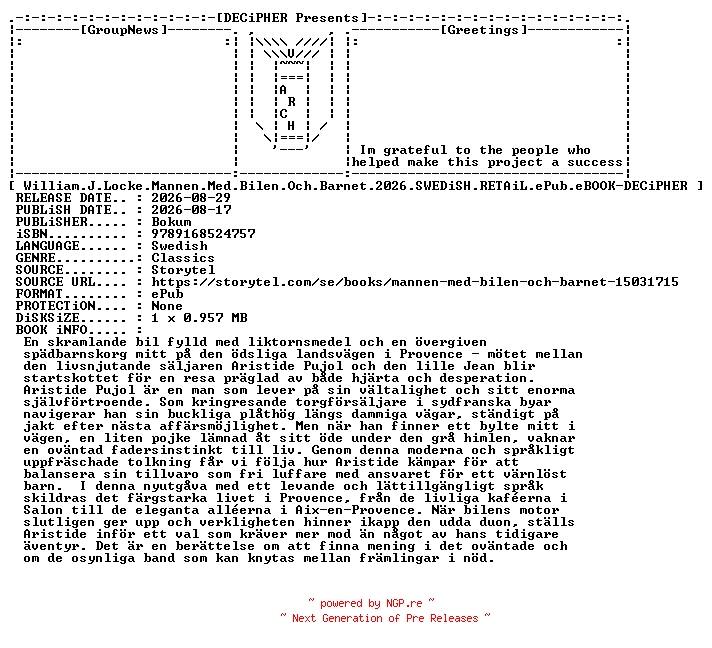 NFO for the release William.J.Locke.Mannen.Med.Bilen.Och.Barnet.2026.SWEDiSH.RETAiL.ePub.eBOOK-DECiPHER by DECiPHER