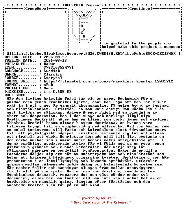 NFO for the release William.J.Locke.Miraklets.Aventyr.2026.SWEDiSH.RETAiL.ePub.eBOOK-DECiPHER by DECiPHER