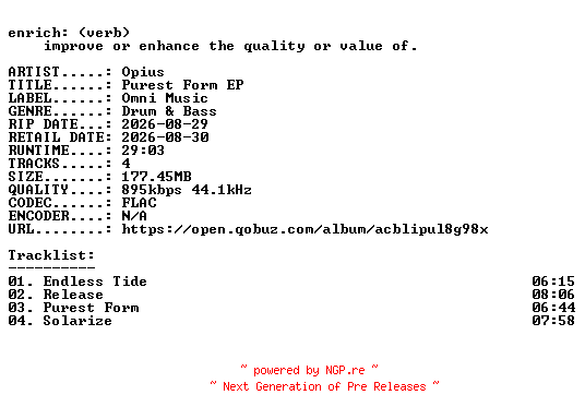 NFO for the release Opius-Purest_Form_EP-16BIT-WEB-FLAC-2026-ENRiCH by ENRiCH