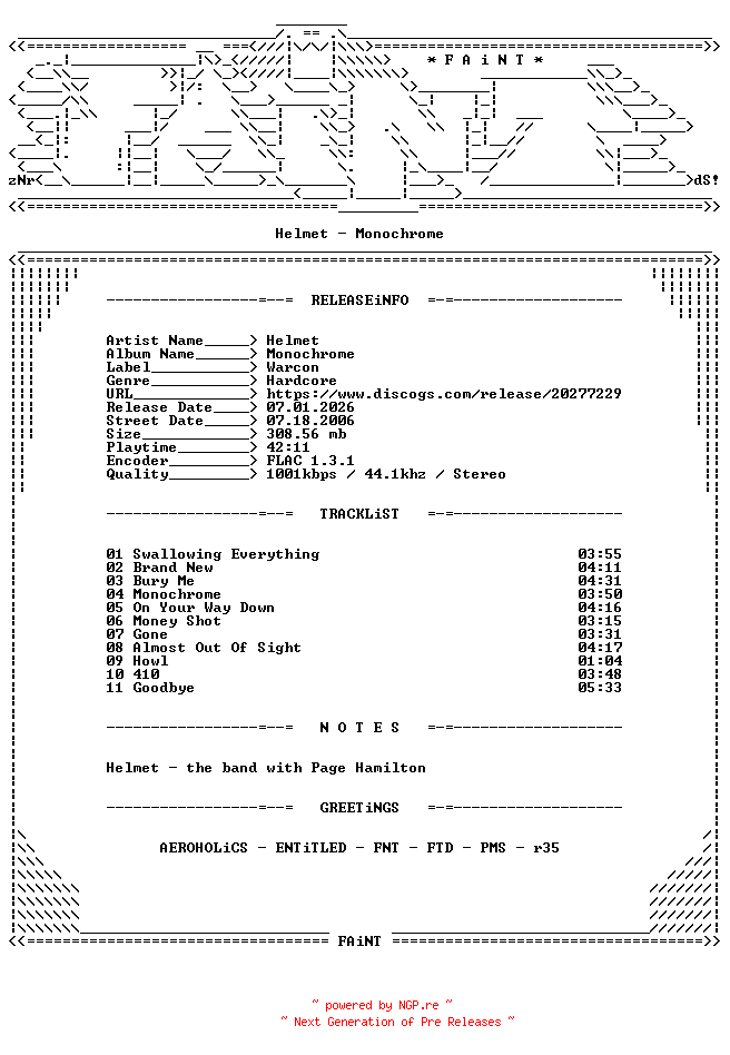 NFO for the release Helmet-Monochrome-CD-FLAC-2006-FAiNT by FAiNT