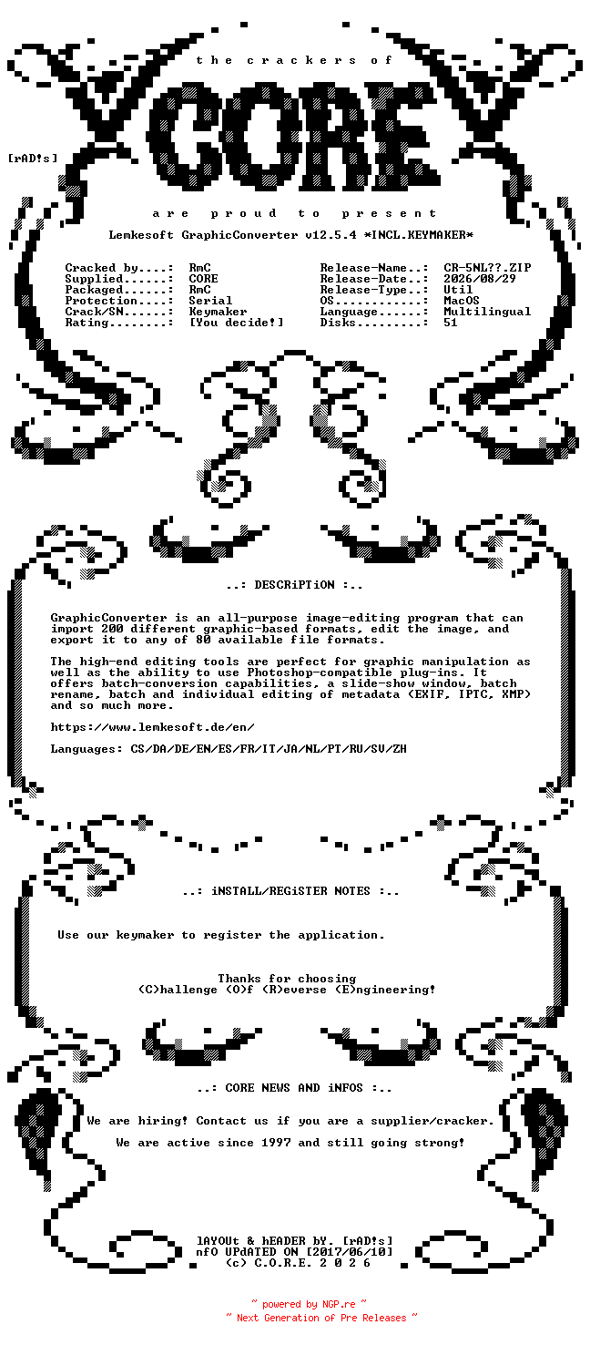 NFO for the release Lemkesoft.GraphicConverter.v12.5.4.MacOS.UB.Multilingual.Incl.Keymaker-CORE by CORE