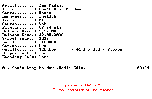NFO for the release Dan_Madams-Cant_Stop_Me_Now-SINGLE-WEB-2025-XTC_iNT by XTC_iNT