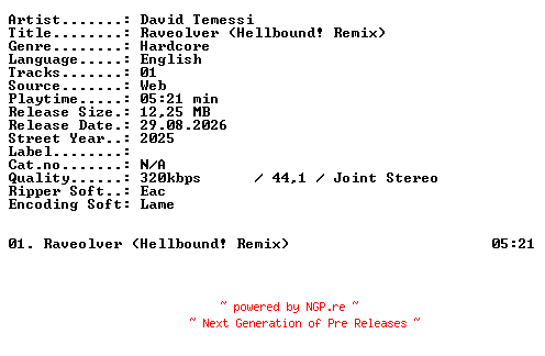 NFO for the release David_Temessi-Raveolver_(Hellbound_Remix)-SINGLE-WEB-2025-XTC_iNT by XTC_iNT