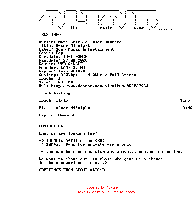 NFO for the release Nate_Smith_and_Tyler_Hubbard_-_After_Midnight-SINGLE-WEB-2025-ALTAiR by ALTAiR
