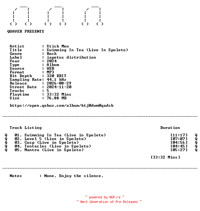 NFO for the release Stick_Men-Swimming_In_Tea_(Live_In_Spoleto)-WEB-2024-QUAVER by QUAVER