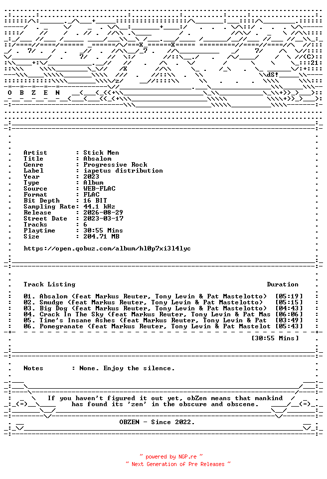 NFO for the release Stick_Men-Absalom-16BIT-WEB-FLAC-2023-OBZEN by OBZEN