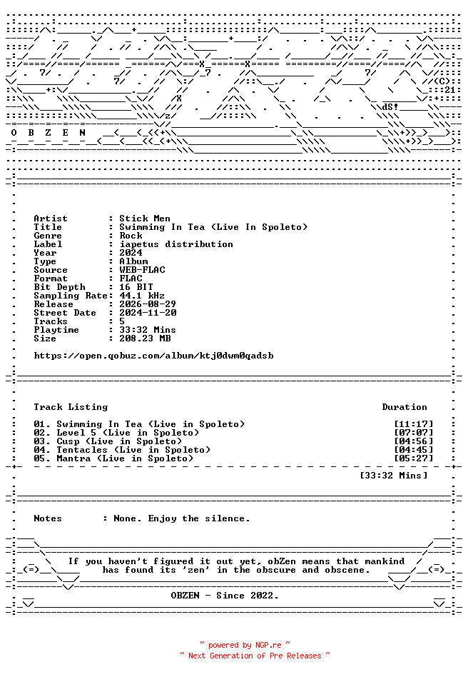 NFO for the release Stick_Men-Swimming_In_Tea_(Live_In_Spoleto)-16BIT-WEB-FLAC-2024-OBZEN by OBZEN